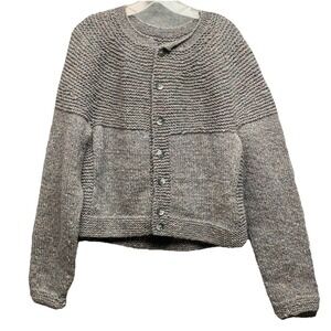 Vintage Handmade Knitted M Gray Marled Chunky Knit Cardigan Sweater Granny Twee